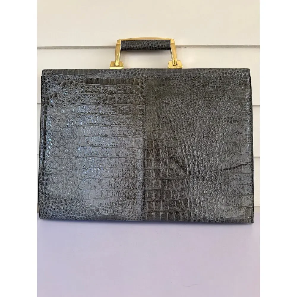 Vivace Vintage Grey Crocodile Embossed Leather Briefcase Attache Portfolio Lock